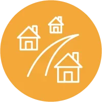 community engagement icon showing houses with a road